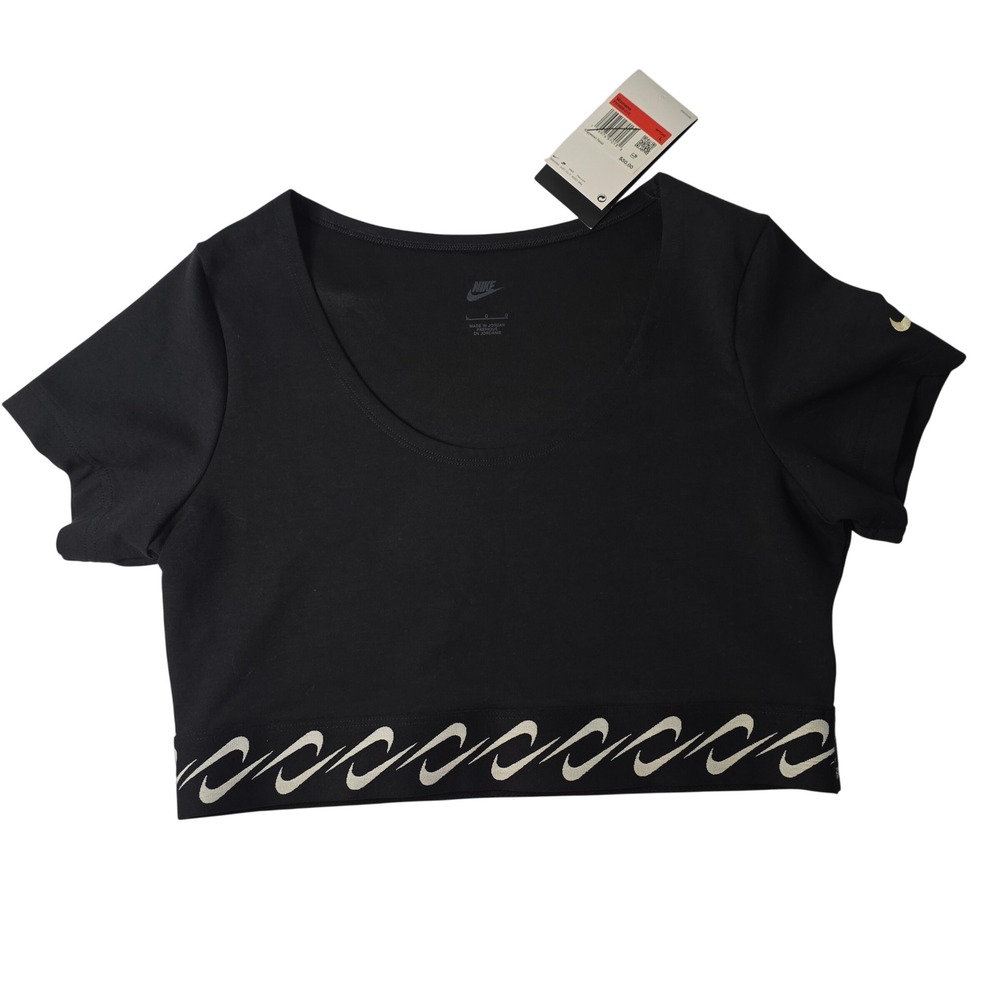 New Nike Sportswear Large Essential Swoosh Athletic Crop Top Black Short Sleeve